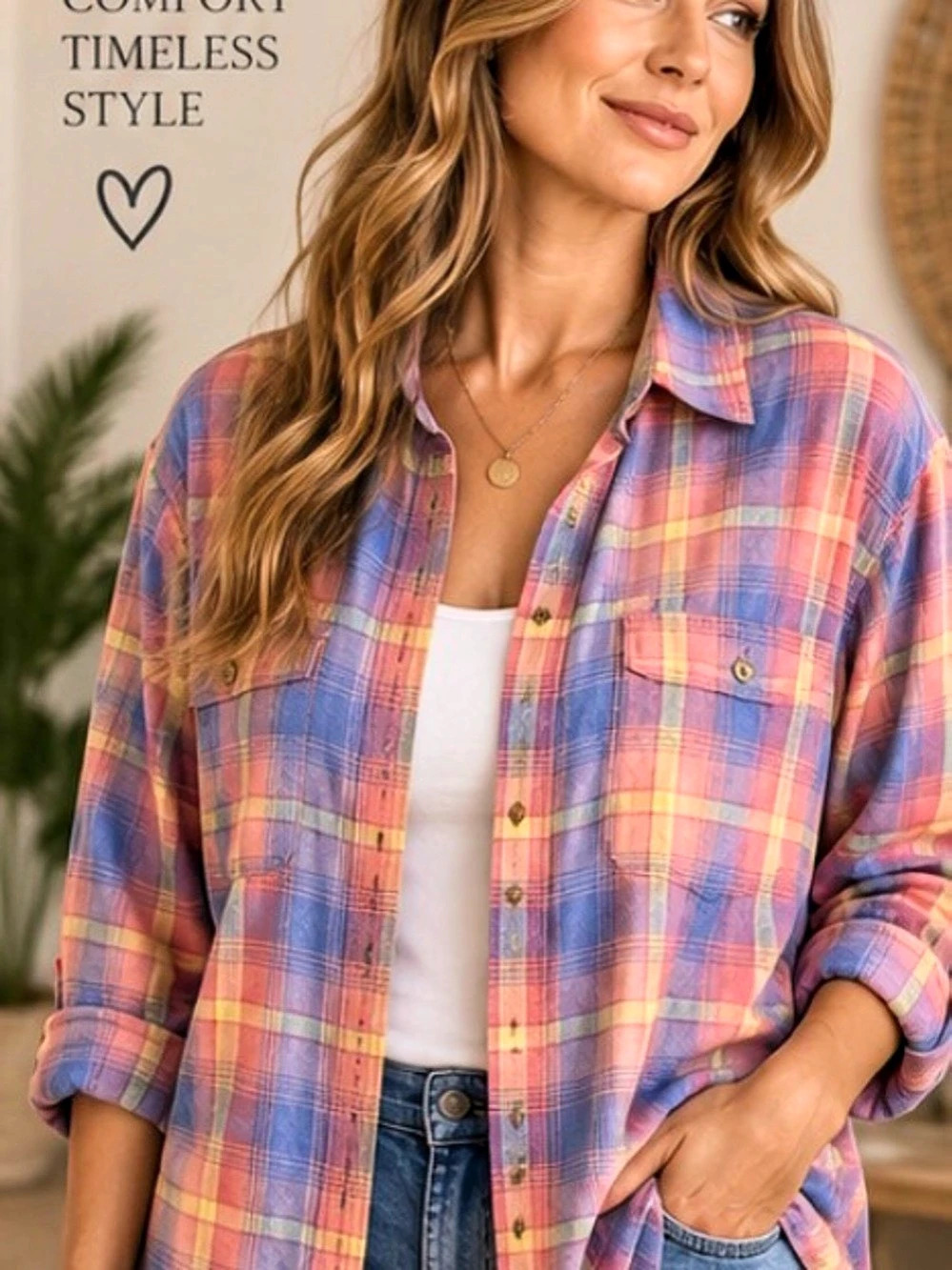 31” ptp Chaps Plaid Button-Up Shirt Purple & Pink 2XL Like New